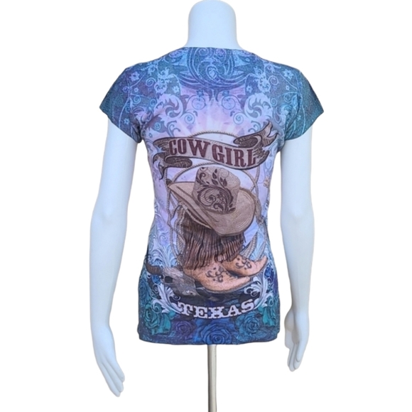 SWEET GISELE Cowgirl Western Graphic Tee M Cowboy Boots Hat Texas Gold Bling - Picture 6 of 16